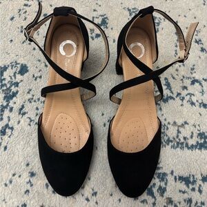 Black suede round toe heels